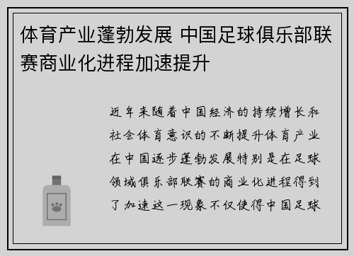 体育产业蓬勃发展 中国足球俱乐部联赛商业化进程加速提升